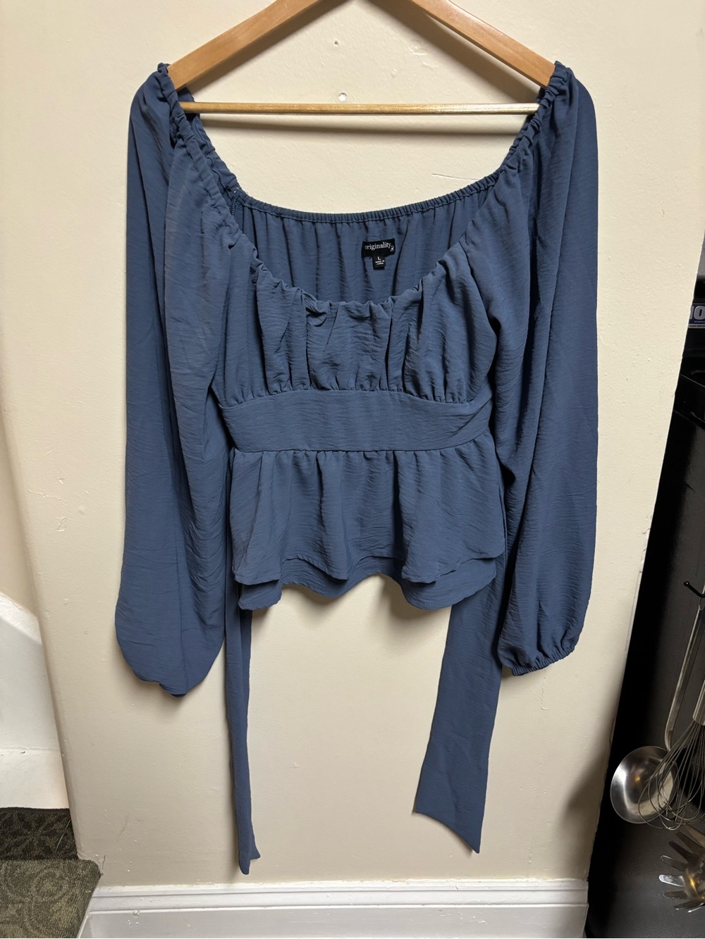 Peasant-Style Long Sleeve Blouse in Slate Blue